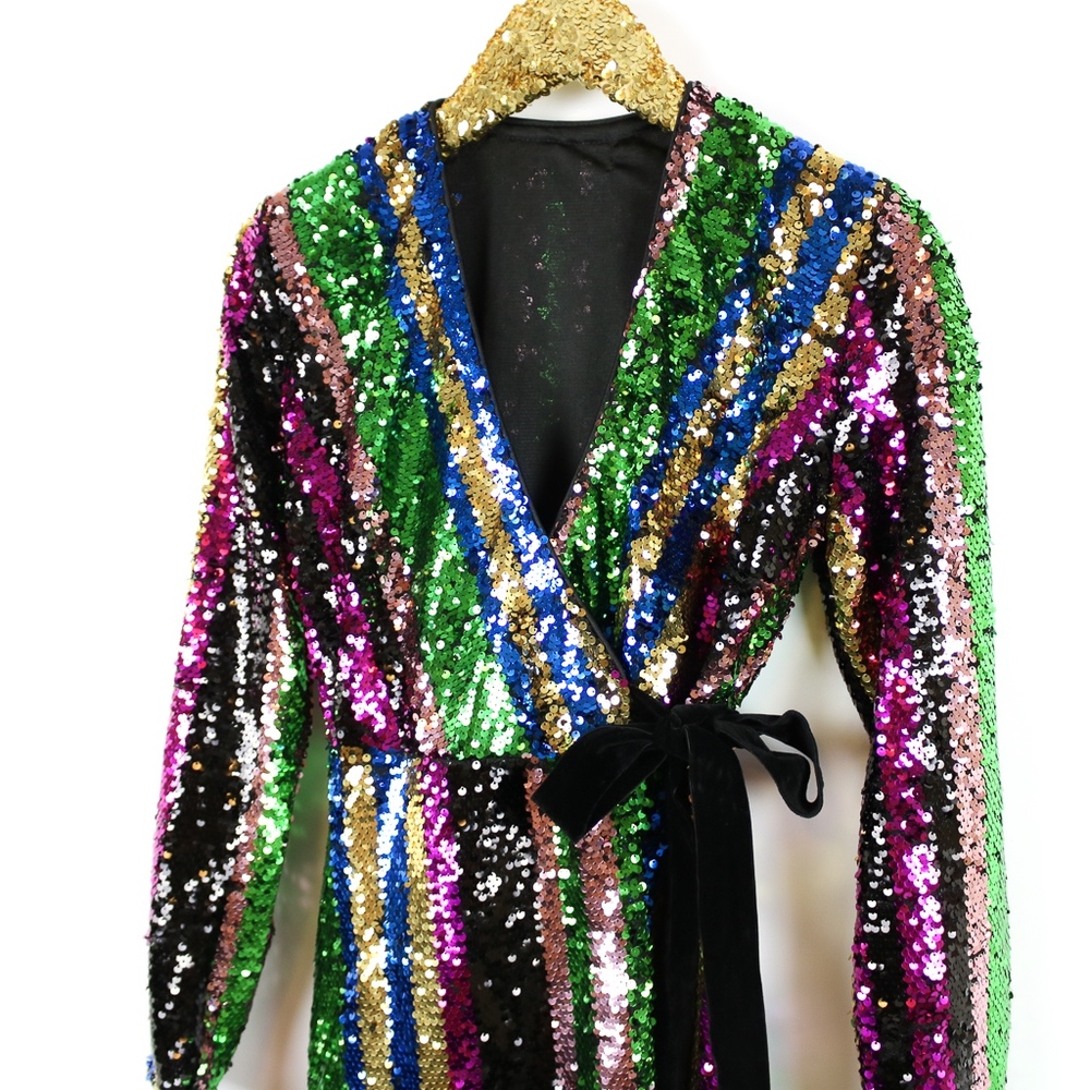 Colorful Rainbow Wrap Sequin Cocktail Dress - Picture 7 of 8